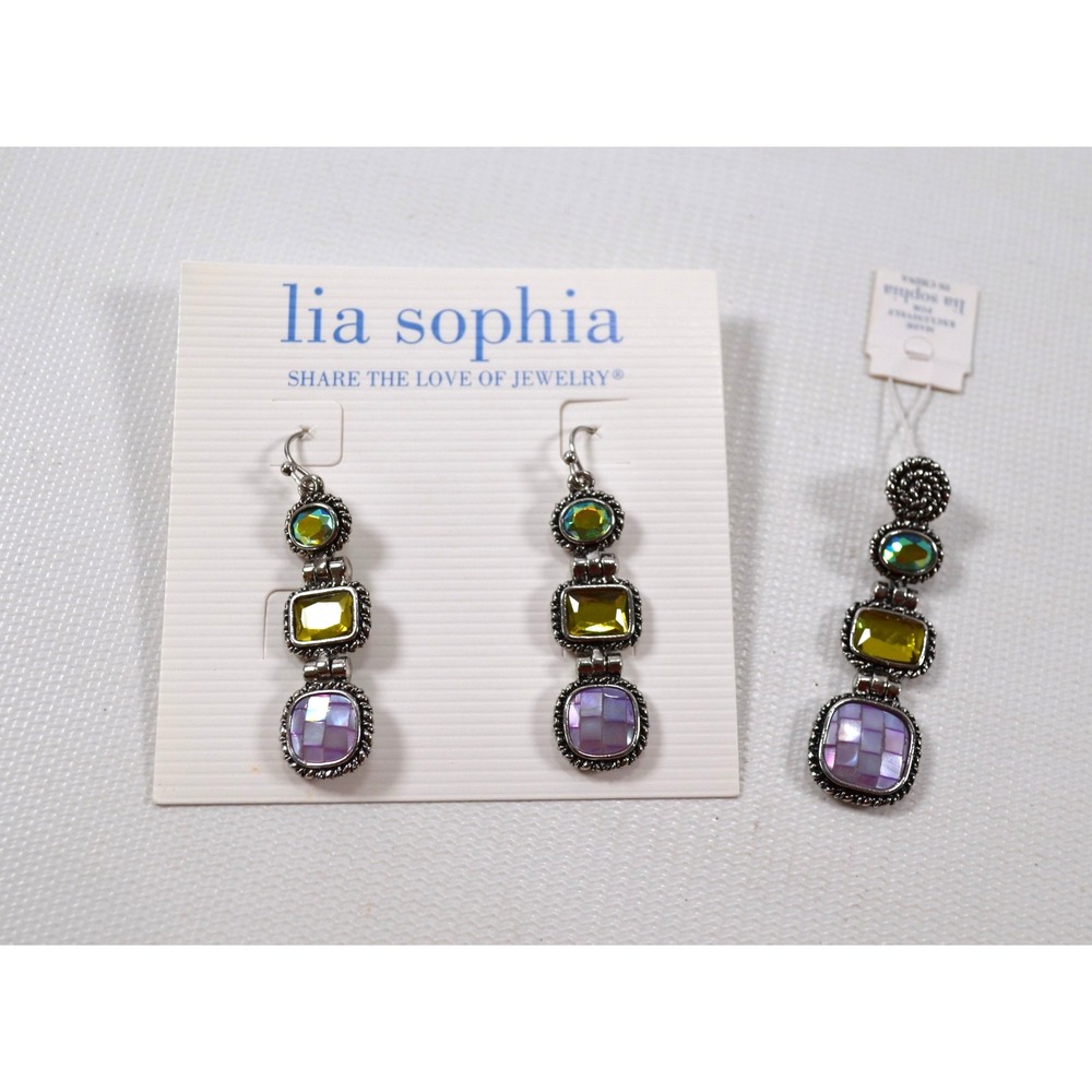 New Lia Sophia Granada Earrings & Pendant Silver Tone Purple Mother of Pearl
